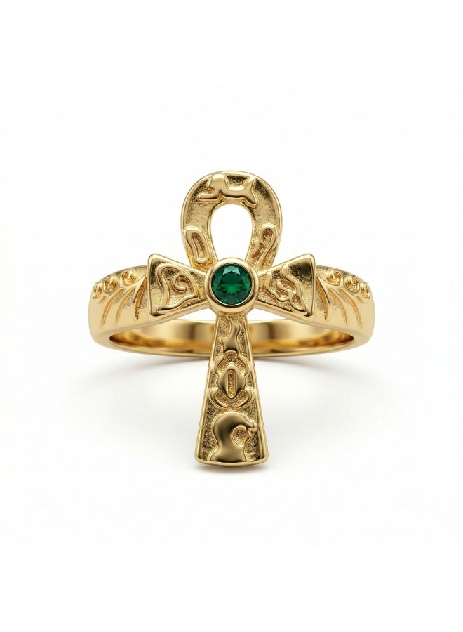 316 Stainless Steel Ankh Ring – Free Size – Gold Ancient Egyptian Life Symbol with Green Crystal – Anti‑Rust & Anti‑Fade - Image 1